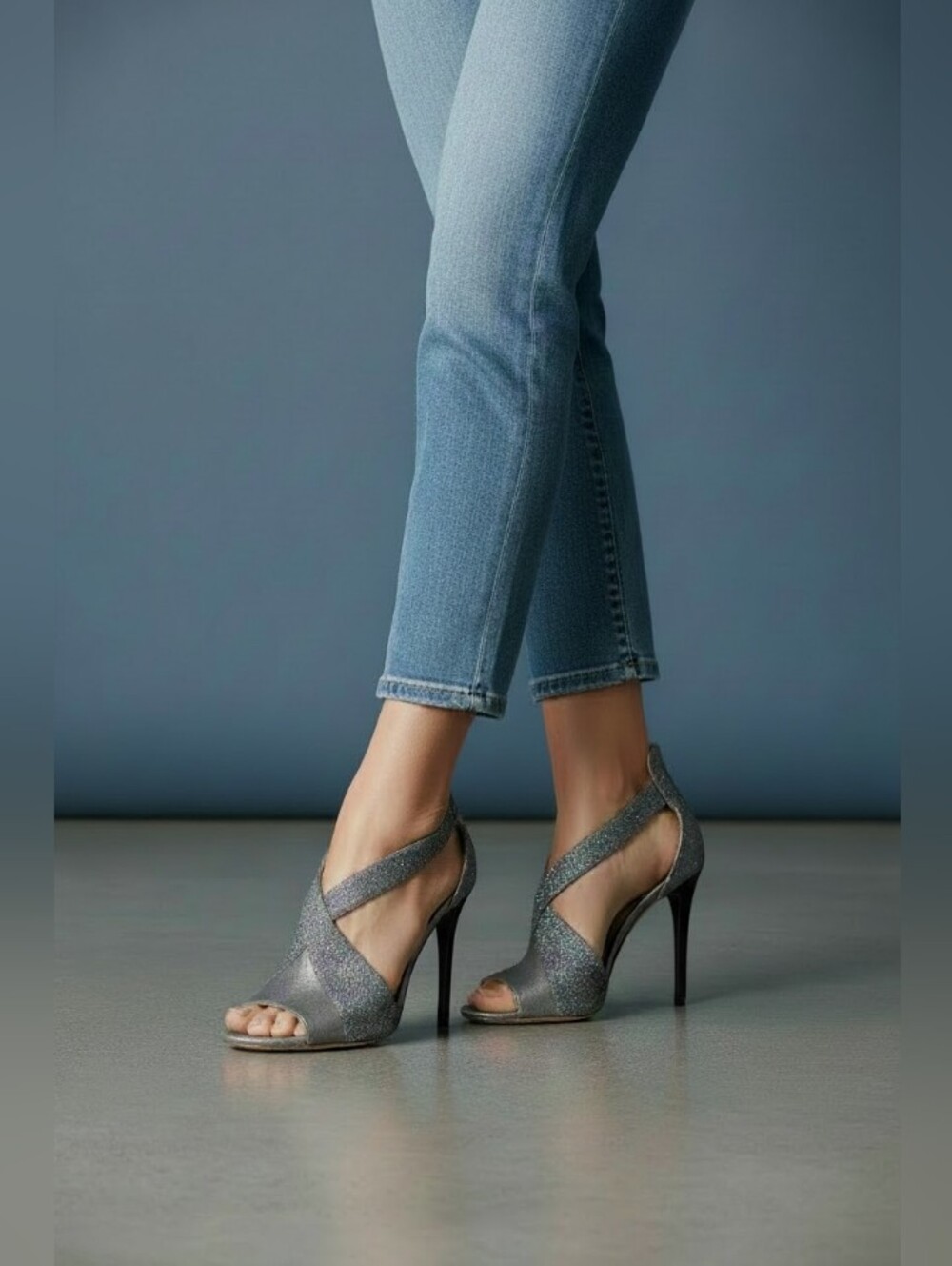 Jimmy Choo Silver Glitter Crisscross High Heels